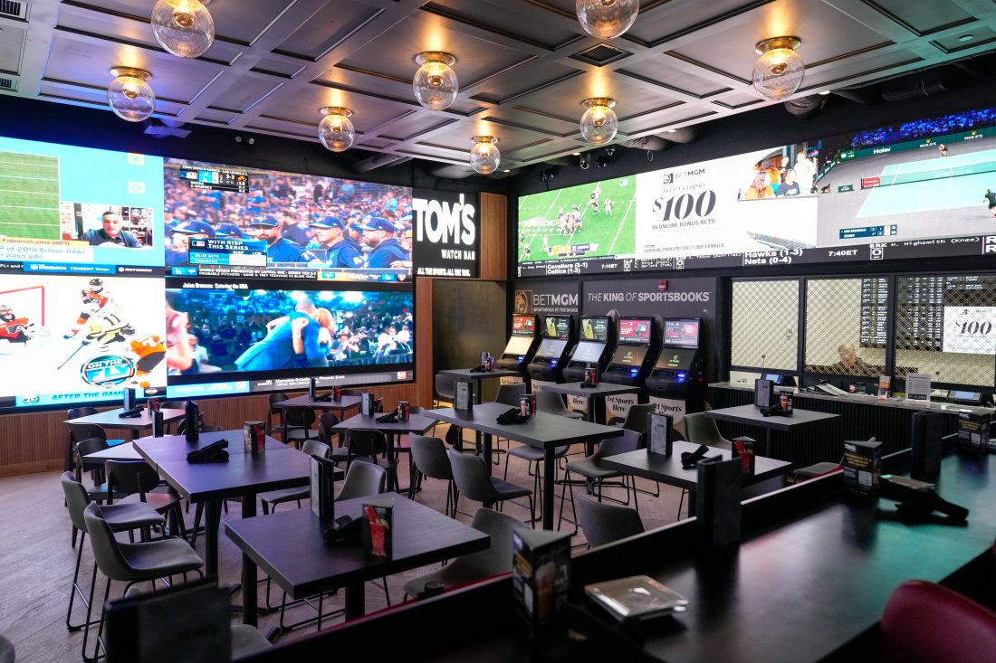 The sports betting area at the new Tom’s Watch Bar in downtown Cincinnati on Wednesday, Oct. 29, 2025.