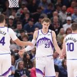 Oct 29, 2025; Salt Lake City, Utah, USA; Utah Jazz forward Lauri Markkanen (23) interacts with center Walker Kessler (24) and guard Svi Mykhailiuk (10) after a basket against the Portland Trail Blazers during the second quarter at Delta Center. Mandatory Credit: Rob Gray-Imagn Images