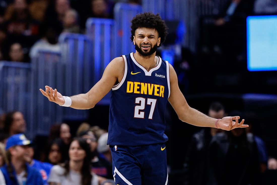 Oct 29, 2025; Denver, Colorado, USA; Denver Nuggets guard Jamal Murray (27) reacts after a play in the third quarter against the New Orleans Pelicans at Ball Arena. Mandatory Credit: Isaiah J. Downing-Imagn Images