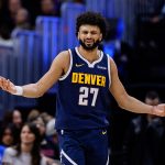 Oct 29, 2025; Denver, Colorado, USA; Denver Nuggets guard Jamal Murray (27) reacts after a play in the third quarter against the New Orleans Pelicans at Ball Arena. Mandatory Credit: Isaiah J. Downing-Imagn Images