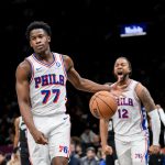 Nov 2, 2025; Brooklyn, New York, USA; Philadelphia 76ers guard VJ Edgecombe (77) reacts after a dunk against the Brooklyn Nets during the first half at Barclays Center. Mandatory Credit: John Jones-Imagn Images