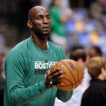 Mar 22, 2013; Dallas, TX, USA; Boston Celtics center Kevin Garnett (5) warms up before the game against the Dallas Mavericks at the American Airlines Center. The Mavericks defeated the Celtics 104-94.