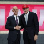 Jun 21, 2018; Brooklyn, NY, USA; Luka Doncic greets NBA commissioner Adam Silver after being selected as the number three overall pick to the Atlanta Hawks in the first round of the 2018 NBA Draft at the Barclays Center.