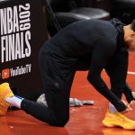 May 29, 2019; Toronto, Ontario, CAN; Golden State Warriors guard Stephen Curry (30) ties his Under Armour shoe during media day for the 2019 NBA Finals at Scotiabank Arena. Mandatory Credit: Kyle Terada-USA TODAY Sports