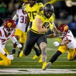 Oregon tight end Terrance Ferguson breaks through a gap in the USC defense as the No. 6 Oregon Ducks host the USC Trojans Saturday, Nov. 11, 2023, at Autzen Stadium in Eugene, Ore.