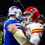 Jan 21, 2024; Orchard Park, New York, USA; Kansas City Chiefs quarterback Patrick Mahomes (15) greets Buffalo Bills quarterback Josh Allen (17) following the 2024 AFC divisional round game at Highmark Stadium. Mandatory Credit: Mark J. Rebilas-USA TODAY Sports