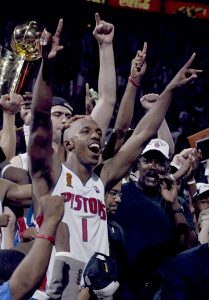 June 15, 2004; Auburn Hills, MI; Detroit Pistons guard and NBA Finals MVP Chauncey Billups celebrates the 100-87 victory over the Lakers to win the NBA championship in Game 5 on June 15, 2004 at the Palace. Mandatory Credit: Julian H. Gonzalez/Detroit Free Press-USA TODAY NETWORK