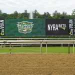 Jun 3, 2024; Saratoga Springs, NY, USA; A general view of the Belmont Stakes at Saratoga and NYRA Bets sign Monday morning at Saratoga Race Course.