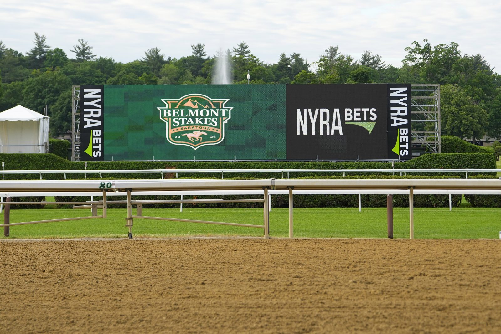Jun 3, 2024; Saratoga Springs, NY, USA; A general view of the Belmont Stakes at Saratoga and NYRA Bets sign Monday morning at Saratoga Race Course.
