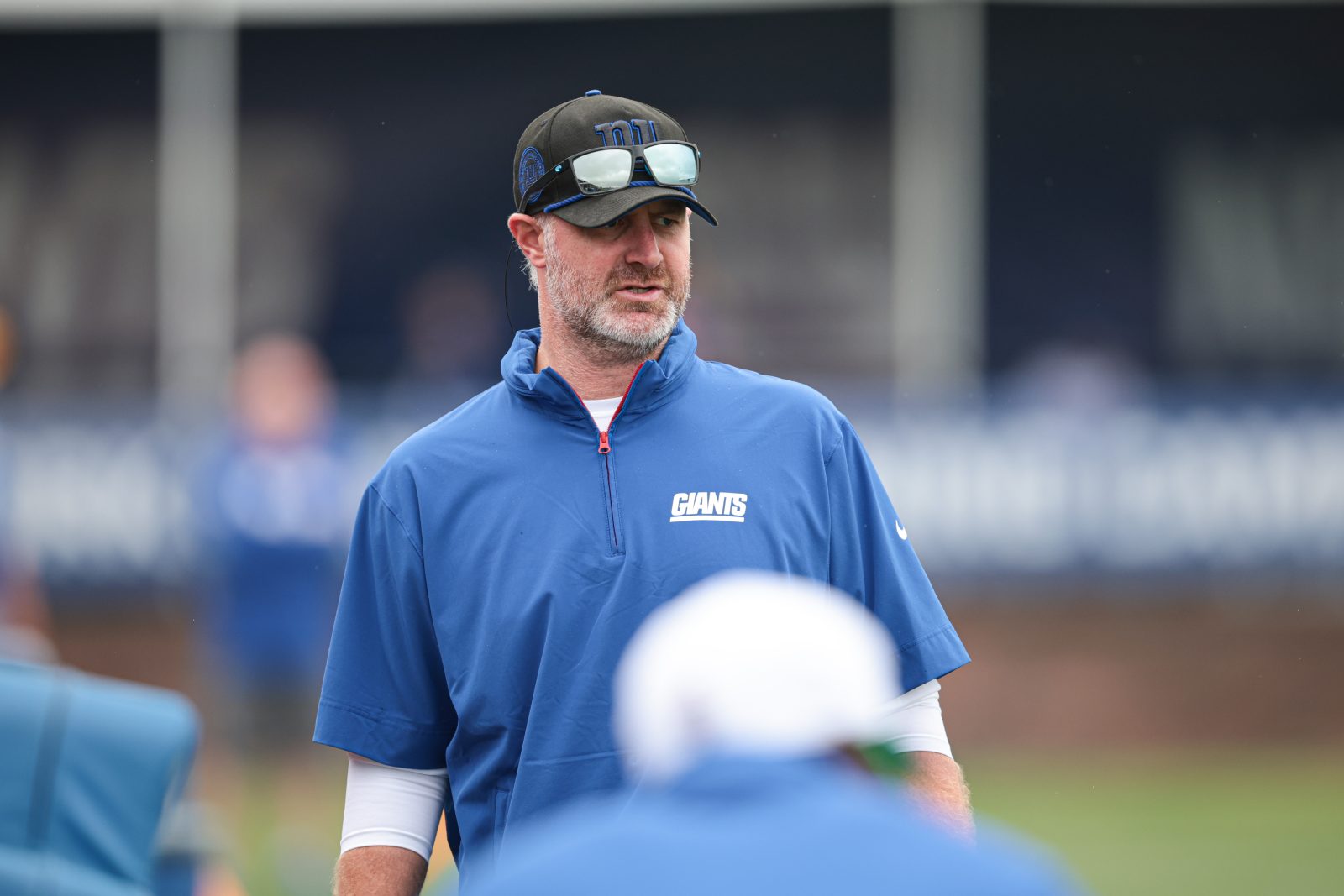 Jul 24, 2024; East Rutherford, NJ, USA; New York Giants defensive coordinator Shane Bowen looks on during training camp at Quest Diagnostics Training Facility.