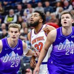 Nov 23, 2024; Salt Lake City, Utah, USA; Utah Jazz forward/center Lauri Markkanen (23) and center Walker Kessler (24) battle for position against New York Knicks center/forward Karl-Anthony Towns (32) during a free-throw during the first half at the Delta Center. Mandatory Credit: Christopher Creveling-Imagn Images
