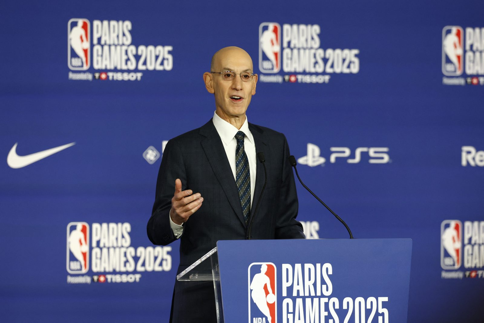 Jan 23, 2025; Paris, FRANCE; NBA commissioner Adam Silver speaks before the Paris Games 2025 NBA basketball game between the San Antonio Spurs and Indiana Pacers at Accor Arena.