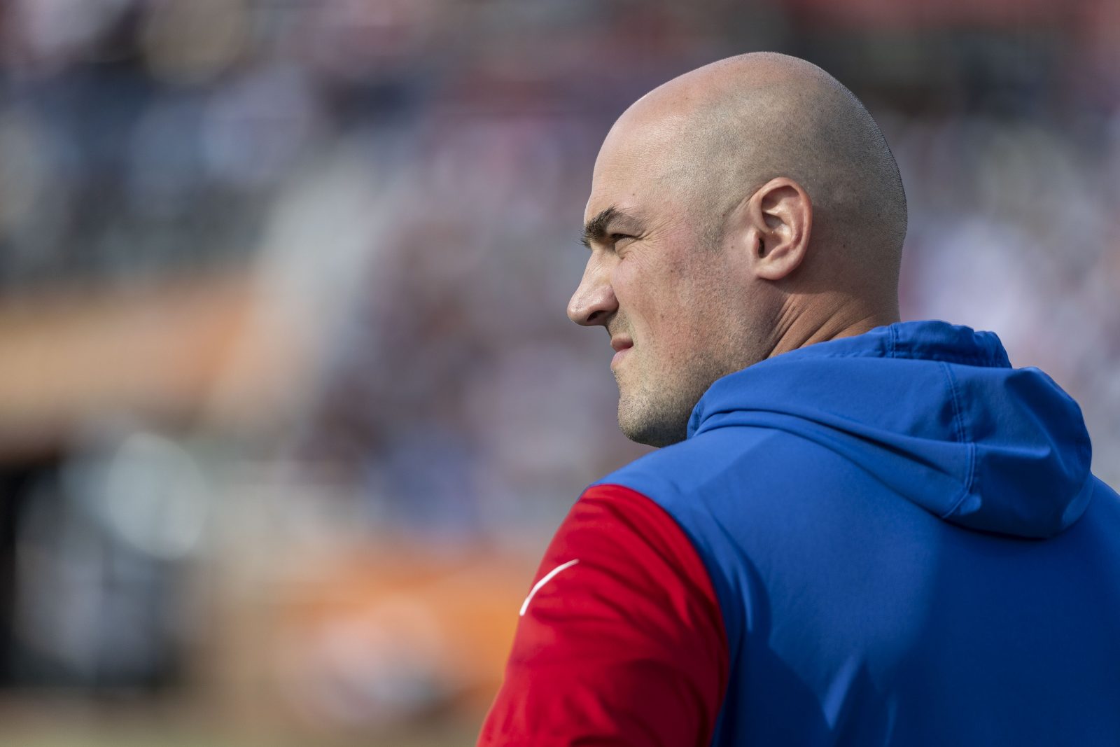 Feb 1, 2025; Mobile, AL, USA; National team head coach Mike Kafka of the New York Giants looks on during the first half against the American team at Hancock Whitney Stadium.