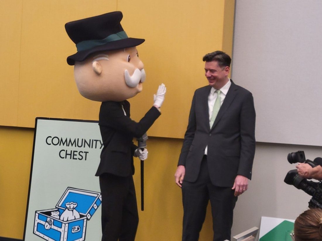 Mr. Monopoly greets OKC Mayor David Holt at a press event announcing that Oklahoma City is getting its own official Monopoly board game at the OKC Convention Center, Friday, March 7, 2025.