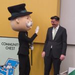 Mr. Monopoly greets OKC Mayor David Holt at a press event announcing that Oklahoma City is getting its own official Monopoly board game at the OKC Convention Center, Friday, March 7, 2025.