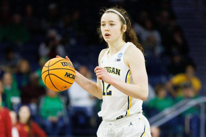 Michigan guard Syla Swords brings the ball up the court during the first round of the NCAA Women's Basketball Tournament between Michigan and Iowa State at Purcell Pavilion on Friday, March 21, 2025, in South Bend.