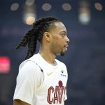 Apr 20, 2025; Cleveland, Ohio, USA; Cleveland Cavaliers guard Darius Garland (10) stands on the court in the first quarter against the Miami Heat at Rocket Arena.