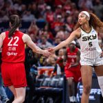 May 17, 2025; Indianapolis, Indiana, USA; Indiana Fever guard Caitlin Clark (22) and Chicago Sky forward Angel Reese (5) shake hands before the game at Gainbridge Fieldhouse.