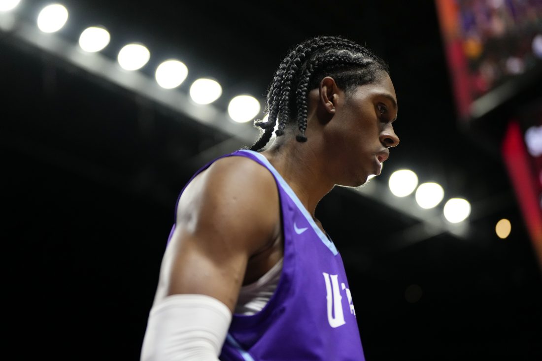 Jul 14, 2025; Las Vegas, NV, USA; Utah Jazz forward Cody Williams (5) competes against the San Antonio Spurs during the second half of a NBA basketball game at the Thomas & Mack Center. Mandatory Credit: Lucas Peltier-Imagn Images