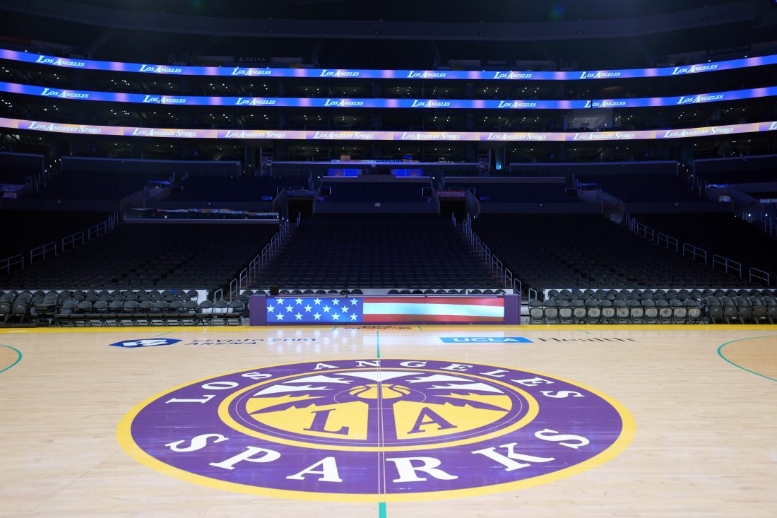 Aug 31, 2025; Los Angeles, California, USA; The LA Sparks logo at midcourt at Crypto.com Arena. Mandatory Credit: Kirby Lee-Imagn Images