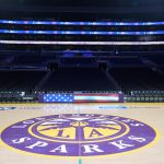 Aug 31, 2025; Los Angeles, California, USA; The LA Sparks logo at midcourt at Crypto.com Arena. Mandatory Credit: Kirby Lee-Imagn Images