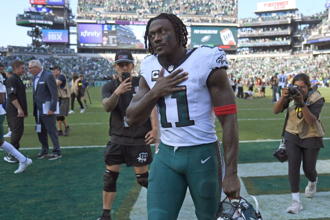 Sep 21, 2025; Philadelphia, Pennsylvania, USA; Philadelphia Eagles wide receiver AJ. Brown (11) walks off the field after win against the Los Angeles Rams at Lincoln Financial Field. Mandatory Credit: Eric Hartline-Imagn Images