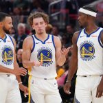 Oct 5, 2025; San Francisco, California, USA; Golden State Warriors guard Stephen Curry (30), guard Brandin Podziemski (2), and forward Jimmy Butler III (10) talk during a break in the action against the Los Angeles Lakers in the second quarter at Chase Center. Mandatory Credit: David Gonzales-Imagn Images