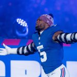New York Giants linebacker Kayvon Thibodeaux (5) runs out of the tunnel during a Thursday Night Football game between the New York Giants and the Philadelphia Eagles at MetLife Stadium in East Rutherford on Oct. 9, 2025.