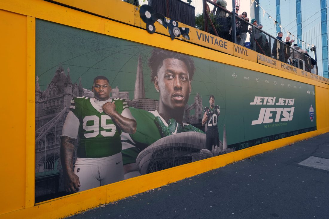Oct 11, 2025; London, United Kingdom; A mural of New York Jets cornerback Sauce Gardner (1) and defensive tackle Quinnen Williams (95) at the Jets Touchdown Tailgate at Vinegar Yard.