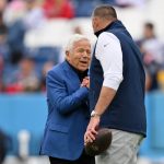 Oct 19, 2025; Nashville, Tennessee, USA; New England Patriots owner Robert Kraft shakes hands with head coach Mike Vrabel before the game between the New England Patriots and Tennessee Titans at Nissan Stadium. Mandatory Credit: Steve Roberts-Imagn Images