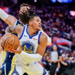 Oct 23, 2025; San Francisco, California, USA; Golden State Warriors guard Will Richard (3) protects the ball against the Denver Nuggets during the fourth quarter at Chase Center.