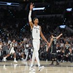 Oct 26, 2025; San Antonio, Texas, USA; San Antonio Spurs forward Victor Wembanyama (1) celebrates in the first half against the Brooklyn Nets at Frost Bank Center.