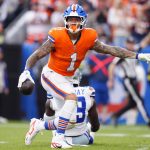Oct 26, 2025; Denver, Colorado, USA; Denver Broncos tight end Evan Engram (1) runs against the Dallas Cowboys in the second half at Empower Field at Mile High. Mandatory Credit: Ron Chenoy-Imagn Images