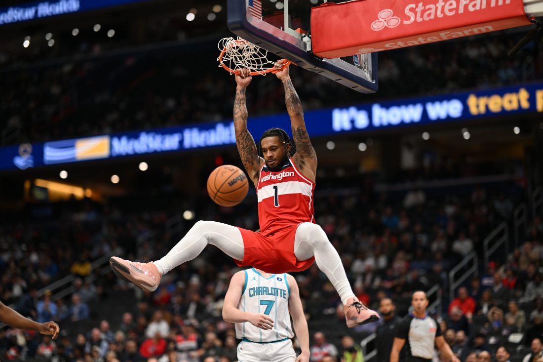 Oct 26, 2025; Washington, District of Columbia, USA; Washington Wizards forward Cam Whitmore (1) dunks the ball against the Charlotte Hornets during the second quarter at Capital One Arena.