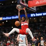Oct 26, 2025; Washington, District of Columbia, USA; Washington Wizards forward Cam Whitmore (1) dunks the ball against the Charlotte Hornets during the second quarter at Capital One Arena.