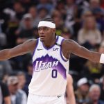 Oct 29, 2025; Salt Lake City, Utah, USA; Utah Jazz forward Taylor Hendricks (0) defends against the Portland Trail Blazers during the second half at Delta Center.