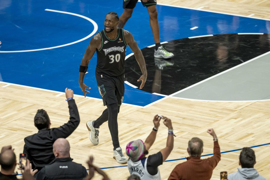 Oct 29, 2025; Minneapolis, Minnesota, USA; Minnesota Timberwolves forward Julius Randle (30) reacts to the fans after making a go ahead shot in the fourth quarter against the Los Angeles Lakers at Target Center.