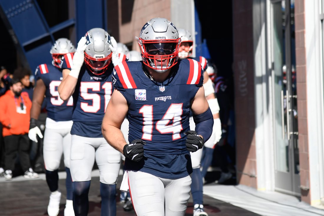 Oct 26, 2025; Foxborough, Massachusetts, USA; New England Patriots linebacker Robert Spillane (14) walks to the field prior to a game against the Cleveland Browns at Gillette Stadium.