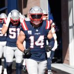Oct 26, 2025; Foxborough, Massachusetts, USA; New England Patriots linebacker Robert Spillane (14) walks to the field prior to a game against the Cleveland Browns at Gillette Stadium.
