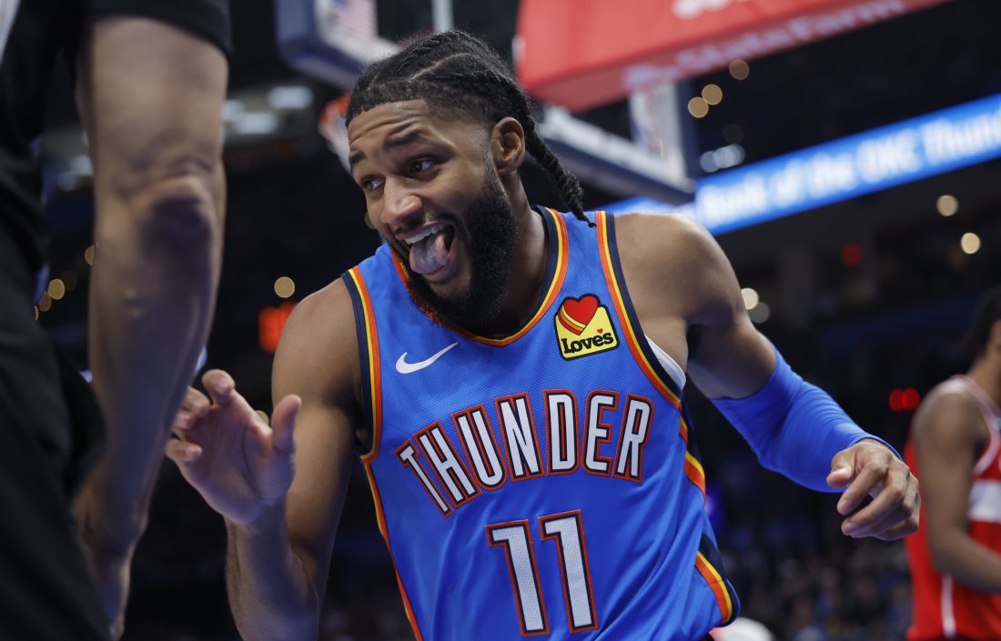 Oct 30, 2025; Oklahoma City, Oklahoma, USA; Oklahoma City Thunder guard Isaiah Joe (11) reacts after a play against the Washington Wizards during the second half at Paycom Center.