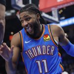 Oct 30, 2025; Oklahoma City, Oklahoma, USA; Oklahoma City Thunder guard Isaiah Joe (11) reacts after a play against the Washington Wizards during the second half at Paycom Center.