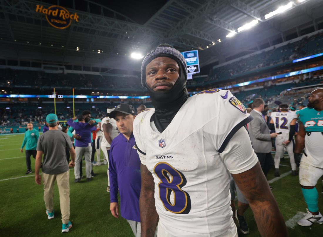 Oct 30, 2025; Miami Gardens, Florida, USA; Baltimore Ravens quarterback Lamar Jackson (8) walks off the field after a win over Miami Dolphins at Hard Rock Stadium. Mandatory Credit: Sam Navarro-Imagn Images