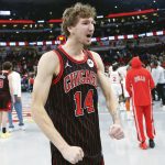 Oct 31, 2025; Chicago, Illinois, USA; Chicago Bulls forward Matas Buzelis (14) celebrates after team's win against the New York Knicks at United Center. Mandatory Credit: Kamil Krzaczynski-Imagn Images