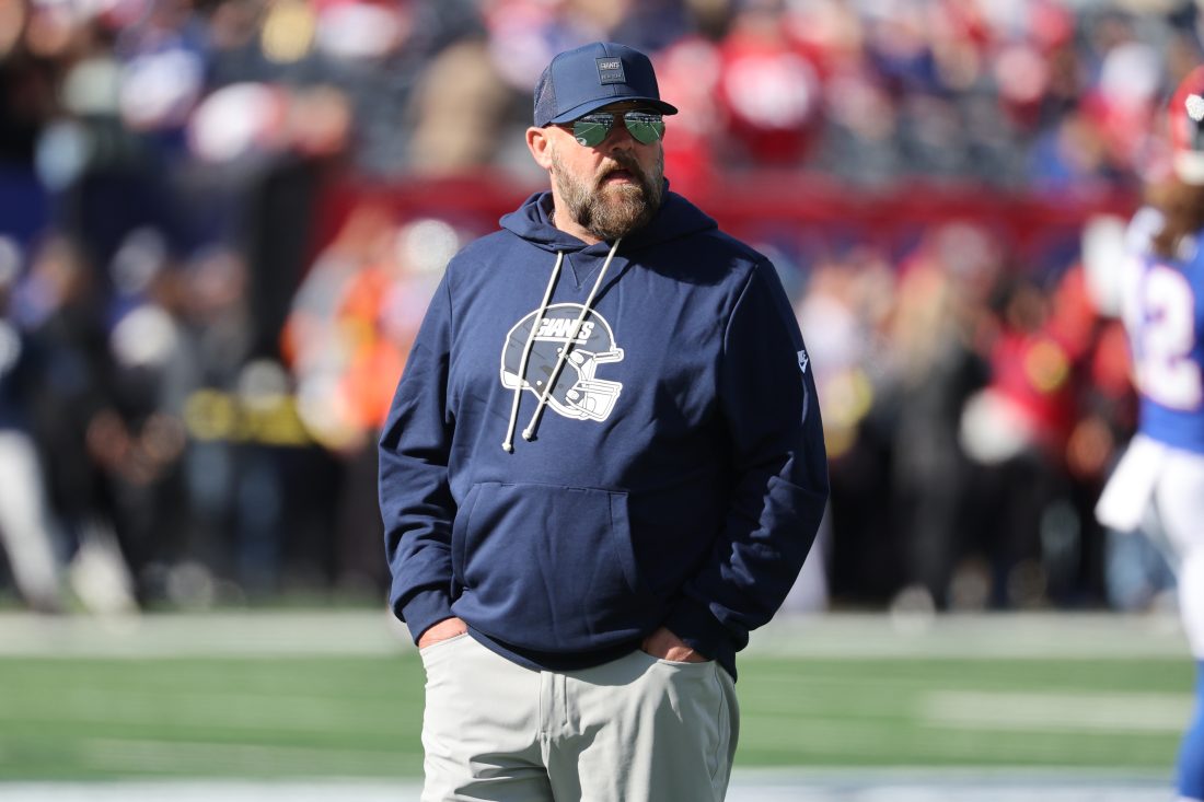 Nov 2, 2025; East Rutherford, New Jersey, USA; New York Giants head coach Brian Daboll stands on the field prior to a game against the San Francisco 49ers at MetLife Stadium.