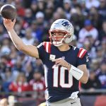 Nov 2, 2025; Foxborough, Massachusetts, USA; New England Patriots quarterback Drake Maye (10) passes against the Atlanta Falcons during the first half at Gillette Stadium. Mandatory Credit: Eric Canha-Imagn Images