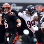 Chicago Bears defensive lineman Montez Sweat (98) deflects a pass attempt by Cincinnati Bengals quarterback Joe Flacco (16) in the second quarter of the NFL football game between Chicago Bears and Cincinnati Bengals at Paycor Stadium in Cincinnati on Nov. 2, 2025.