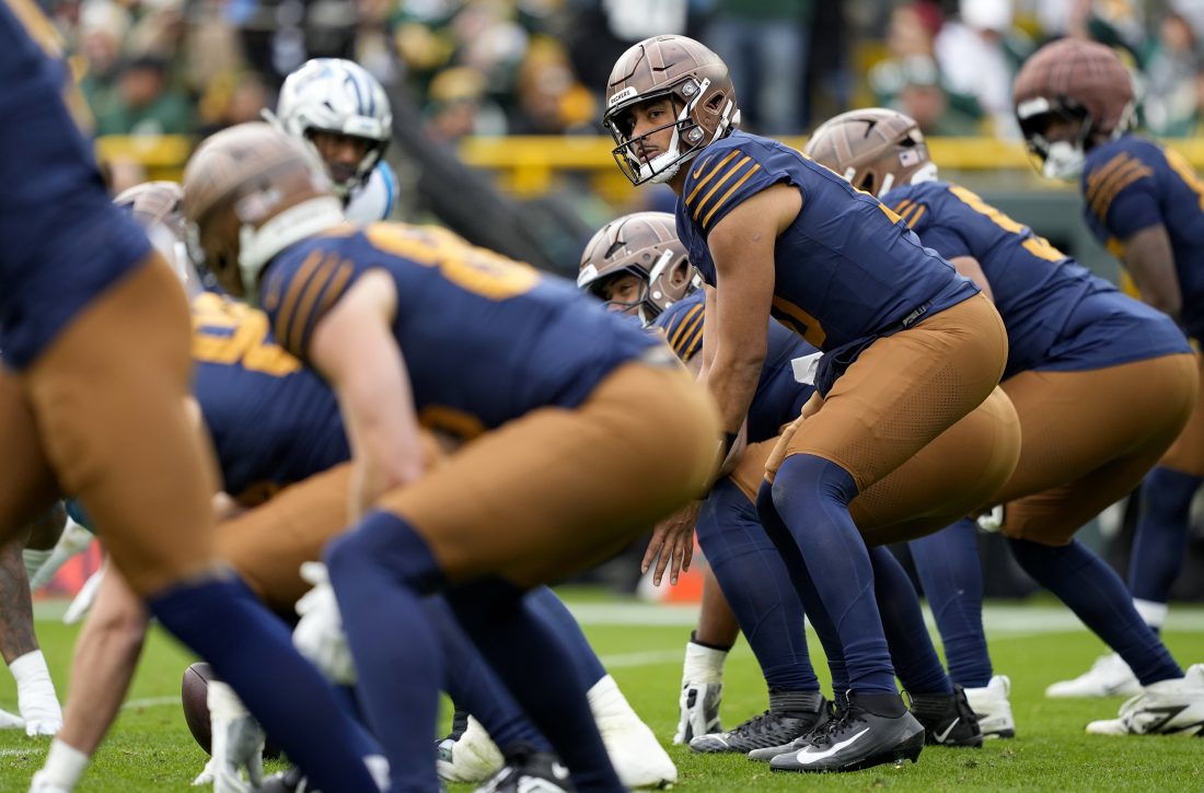 Nov 2, 2025; Green Bay, Wisconsin, USA; Green Bay Packers quarterback Jordan Love (10) during the second half against the Carolina Panthers at Lambeau Field.