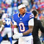 Nov 2, 2025; Orchard Park, New York, USA; Buffalo Bills wide receiver Keon Coleman (0) warms up before the game against the Kansas City Chiefs at Highmark Stadium.
