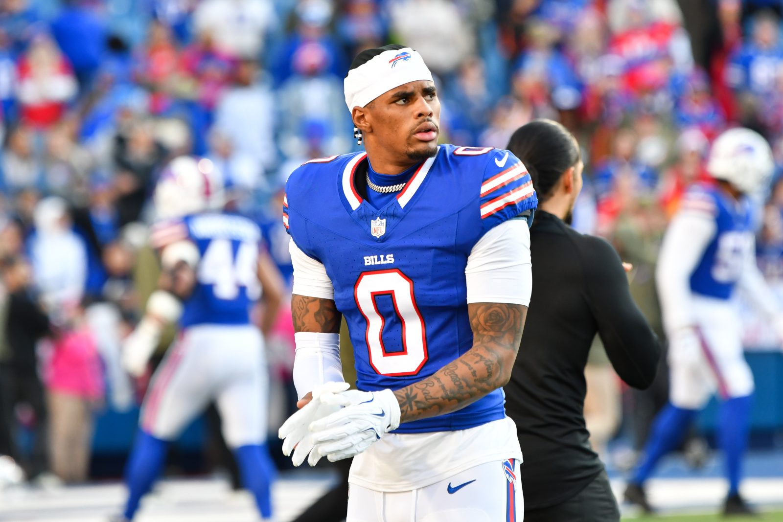 Nov 2, 2025; Orchard Park, New York, USA; Buffalo Bills wide receiver Keon Coleman (0) warms up before the game against the Kansas City Chiefs at Highmark Stadium.