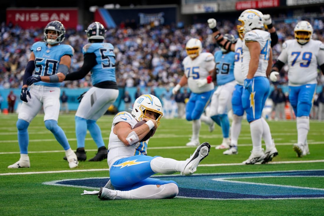 Los Angeles Chargers quarterback Justin Herbert (10) scores a touchdown against the Tennessee Titans during the fourth quarter at Nissan Stadium in Nashville, Tenn., Sunday, Nov. 2, 2025.